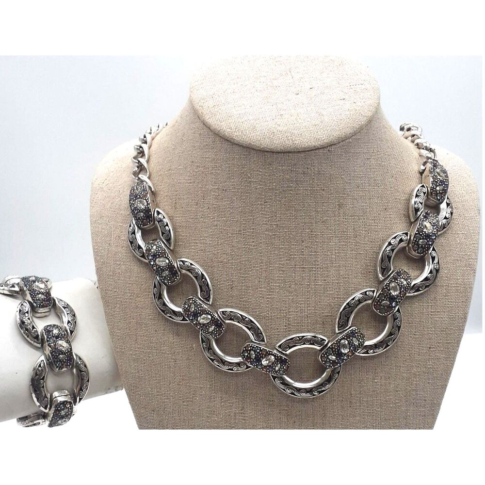 Brighton Crystal Voyage Chunky Link Necklace & Bracelet Set Silver Clear Pave